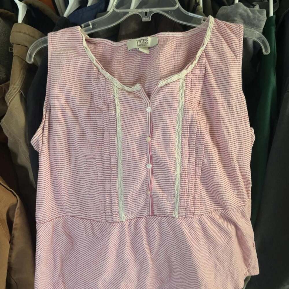Vintage America Blues Pink Striped Lace Trim Sleeveless Blouse